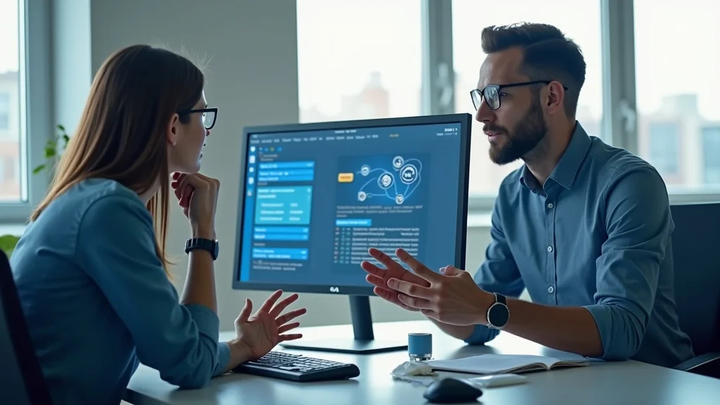 Sales manager and IT specialist integrating AI chatbot dashboard into CRM for seamless lead gen