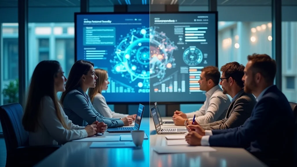 Side-by-side photorealistic scene showing AI-powered sales team using dashboards contrasted with traditional brainstorming sales team, highlighting human and AI collaboration