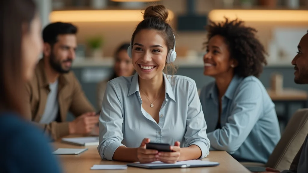 Welcoming multilingual AI assistant providing service on a sleek device in a multicultural office setting.