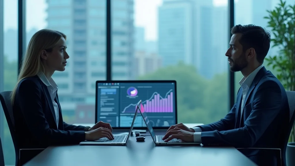 ai vs. human sales: business professional and AI chatbot in a photorealistic modern office scene with digital charts, glass-walled boardroom, executive presenting, cool blue and white color palette, high realism