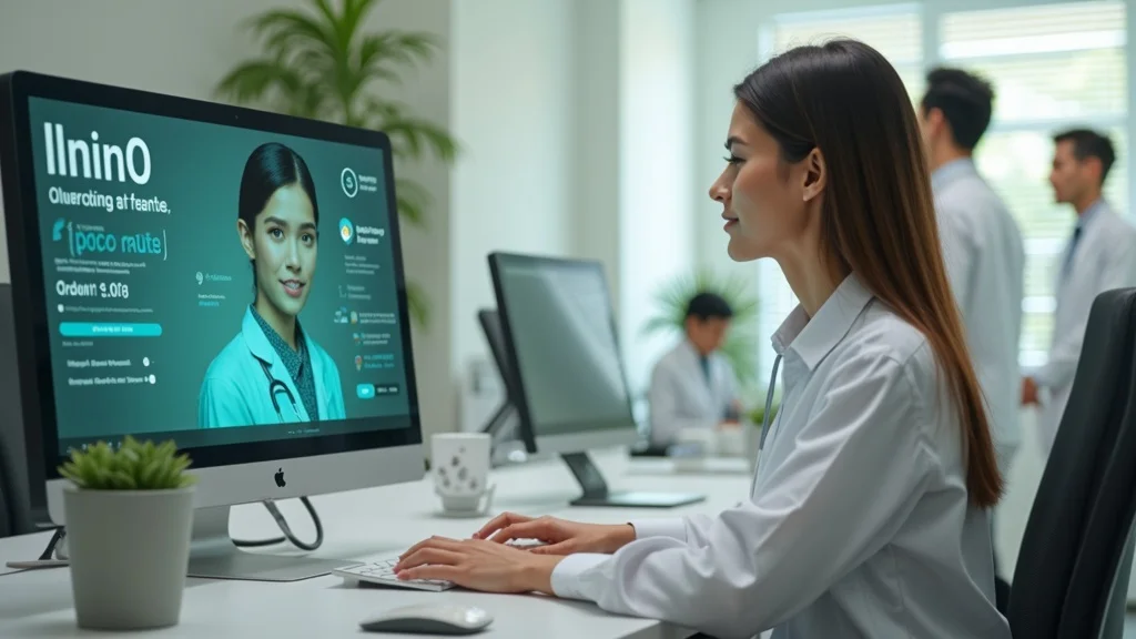 Efficient AI call handling at a busy clinic, with a friendly AI interface on a computer display and a ringing phone at the front desk.