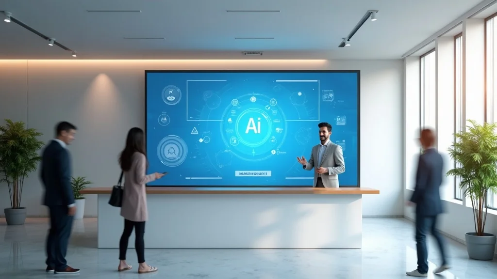 Modern AI-powered front desk with friendly, attentive AI interface on a reception kiosk in a contemporary small business lobby, with people interacting and bright natural daylight.