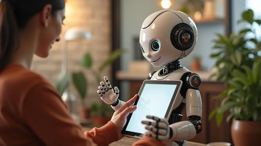 Inviting AI chatbot interaction with a tablet interface, showing customers smiling in a cozy business waiting area.